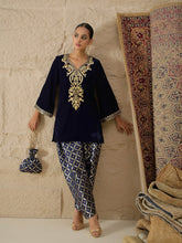 Navy Velvet Embroidered Short Kurta With Farshi Salwar Shae by SASSAFRAS